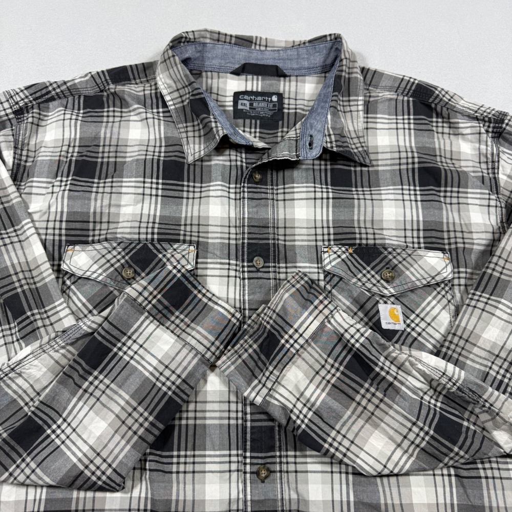 Carhartt Mens 4XL Relaxed Fit Plaid Button Down Shirt Black Grey White 104915
